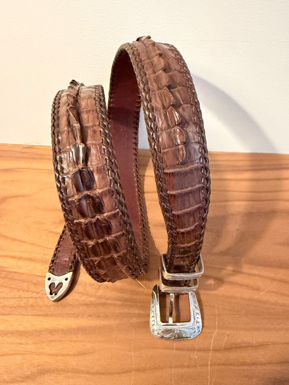 Signed Tom Chacon Authentic Alligator Leather Belt with Sterling Buckle